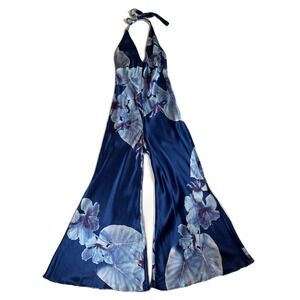 Victorias Secret 100% Silk Halter Jumpsuit Blue Floral Wide Leg Size M Vintage